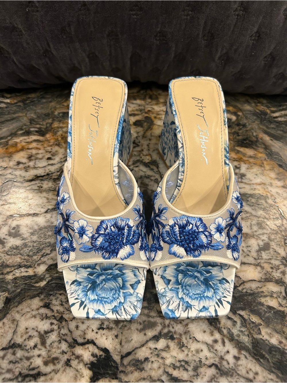 Betsey Johnson Blue and White Floral Embroidered Slide Heels
